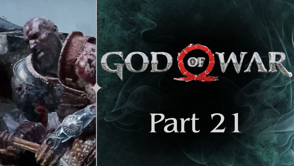 Thumbnail showing it's Part 21 of Pherbear's first playthrough of God of War. On the left is a photo of Kratos, a bald, muscular man with ashen skin, a bright red spiraling tattoo; and a dark, dense beard. He is wearing leather, fur-lined chest armor; metal bracers; and a leather fighting girdle. There is an axe strapped to his back. On the right is a dark green background with grey and white smoke. The God of War Logo is also present.