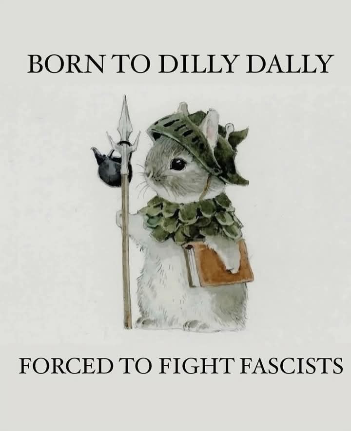 A sweet little baby wabbit. It holds a spear, a book, and is gently kitted out our battle.

Text: BORN TO DILLY DALLY
FORCED TO FIGHT FASCISTS