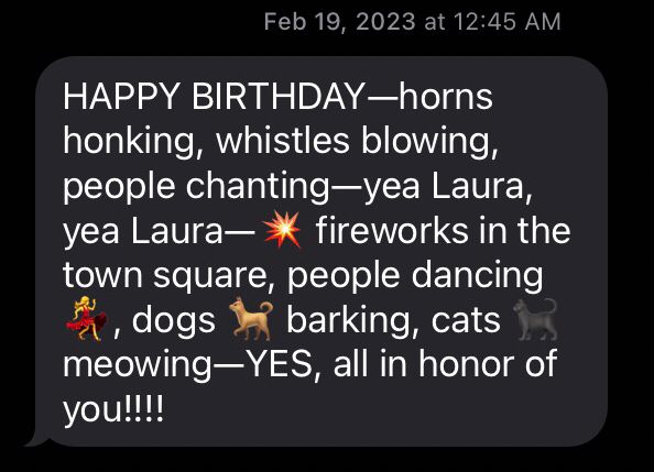 HAPPY BIRTHDAY — horns honking, whistles blowing, people chanting — yea Laura, yea Laura — fireworks in the town square, people dancing, dogs barking, cats meowing — YES, all in honor of you!!!!
