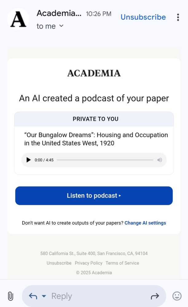 Screenshot of an email from academia.edu offering an AI-created podcast of a paper uploaded to the site.