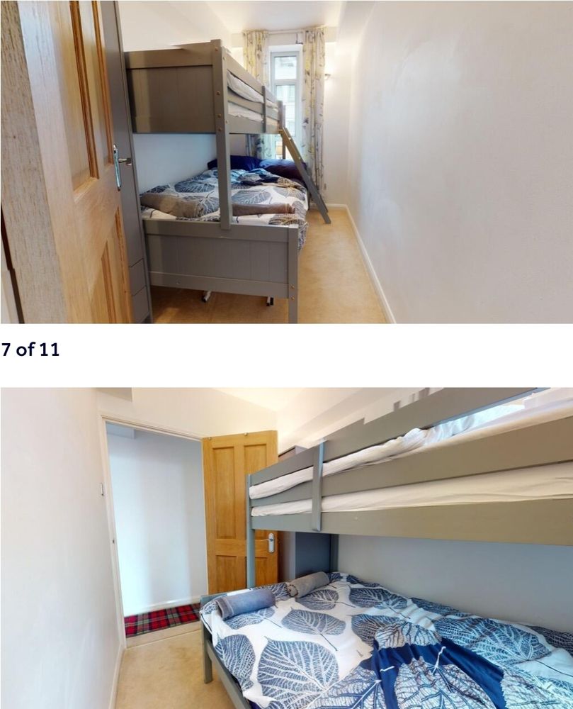 A pair of images showing an incredibly small room that has a bunk bed inside 