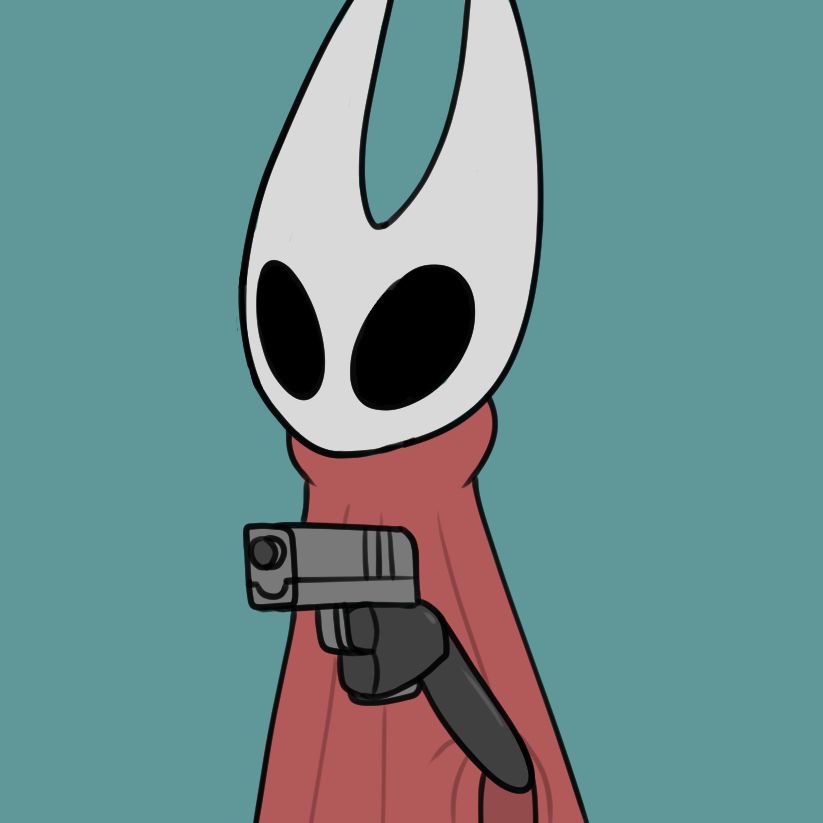 Hornet from Hollow Knight. She's casually pointing a handgun at something off screen.