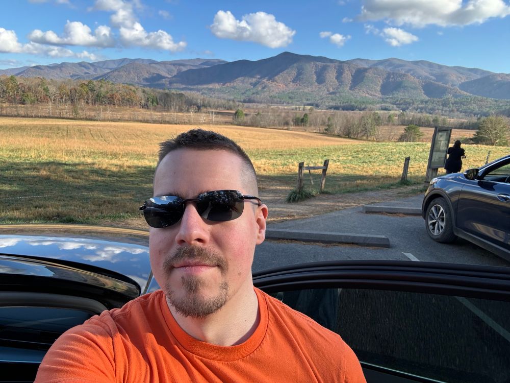 Photo of me on an earlier road trip for illustrative purposes, in East Tennessee. 