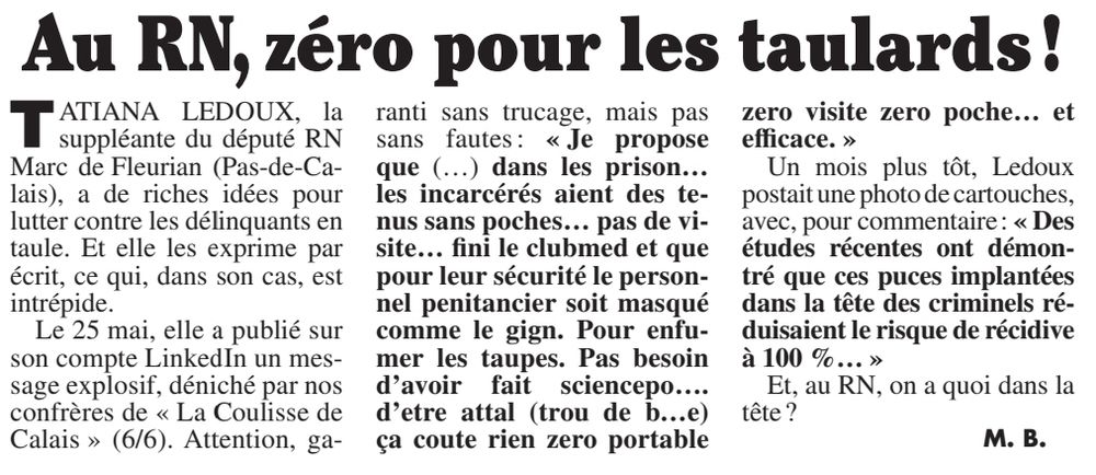 Au RN, zéro pour les taulards!
Le Canard Enchaîné 