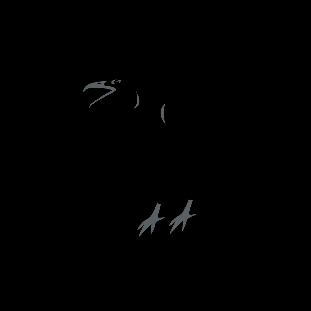 A black crow with gray beak, eyes, feet, and highlights is centered in a heavy black circle on a white background..  The crow's mouth is wide open.  The text "be loud" is underneath the circle in black text.