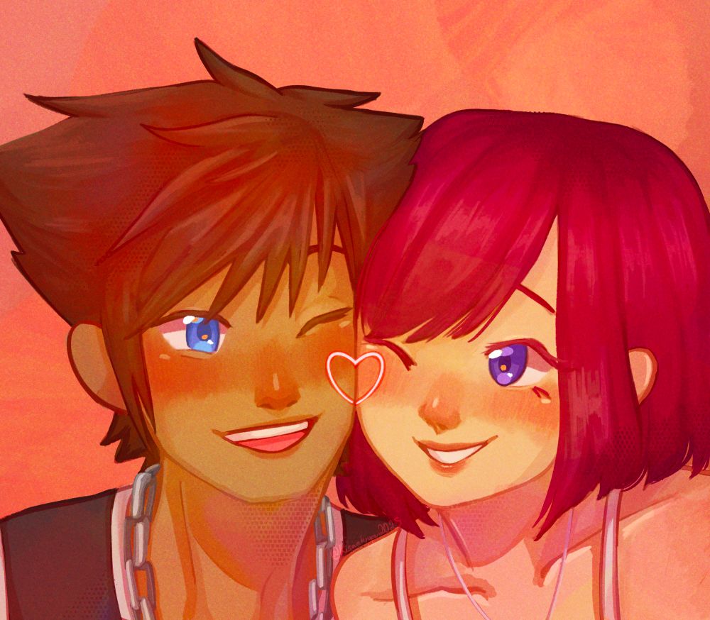 Close up drawing of Sora and Kairi touching cheeks with a heart in the center.