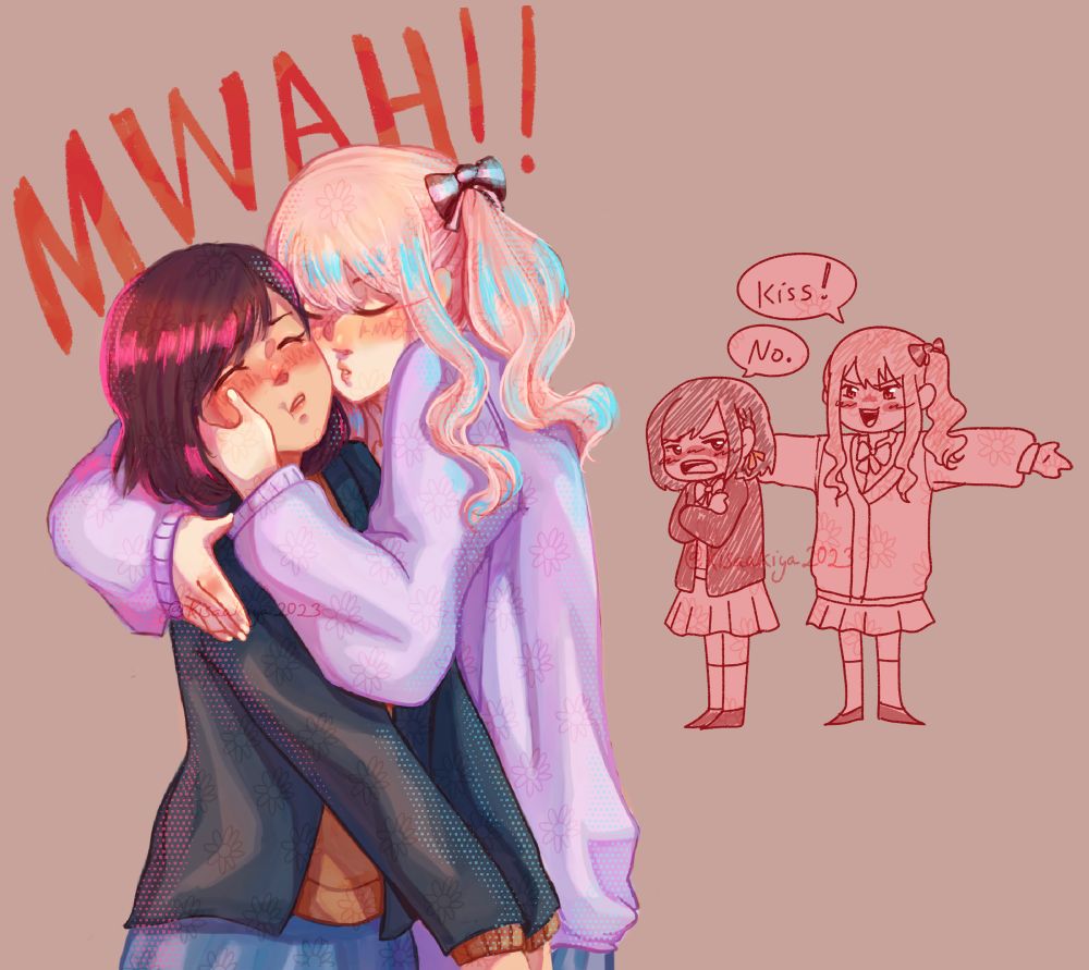 Mizuki Akiyama kissing Ena Shinonome on the cheek, on the left side of the drawing. The right side depicts them as sketchy chibis where Mizuki is asking Ena for a kiss with her arms wide open.