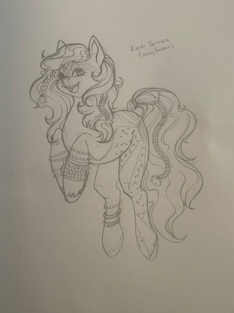 A smiling My Little Pony character drawn in pencil, not colored. She has wavy hair and a few braids in her mane and tail, a cutie mark of a disco ball and confetti, and bracelets all over her legs. The text in the photo reads Kandi Sprinkle (Icky Sweet)