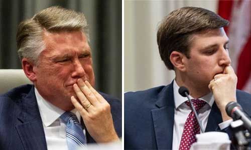 Picture of Mark Harris crying. Picture of his son testifying.