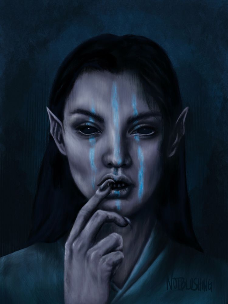 Digital painting of a Marda Ro from Star Wars’ The High Republic novel The Path of Vengeance. She is a young humanoid woman with gray skin, dark hair and completely black eyes. Her hand is to her mouth, and her nails are long and sharp like claws. Her teeth are pointed. She wears blue-gray robes and the background is blue-black. 
