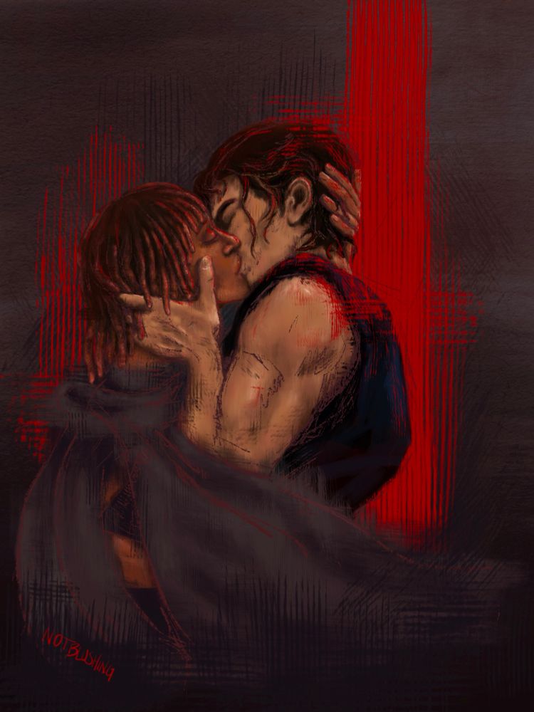 original digital painting of Qimir/The Stranger and Osha Aniseya from Star Wars The Acolyte. They are kissing so hard, his arm muscles are so big, her cloak is so flowy