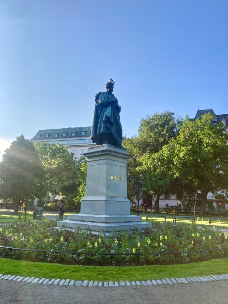 Metal statue of gowned Berzelius on plain stone plinth, surrounded by flowers and gardens, on a sunny cloudless evening. There is a seagull sitting on his metal head.