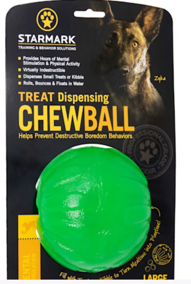 Green dog toy, treat dispensing ball. 