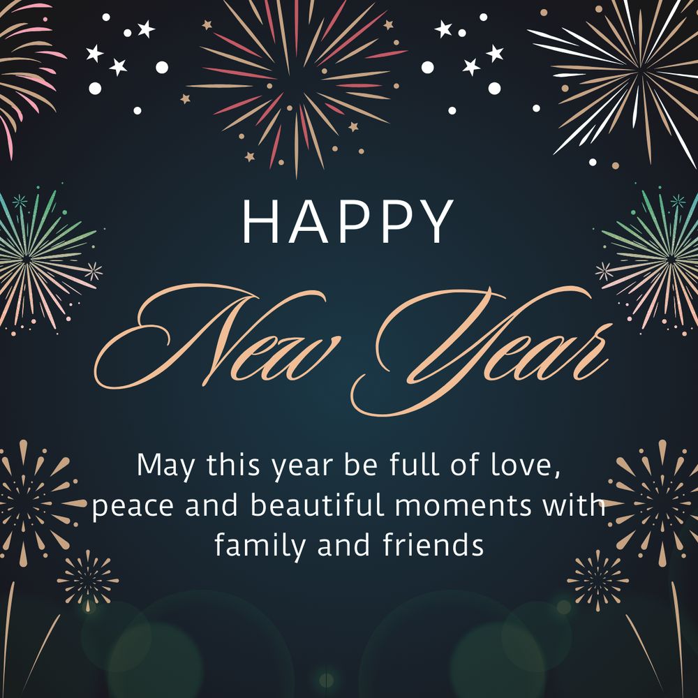 A festive graphic featuring cheerful New Year wishes designed for friends, adorned with colorful decorations and fireworks.