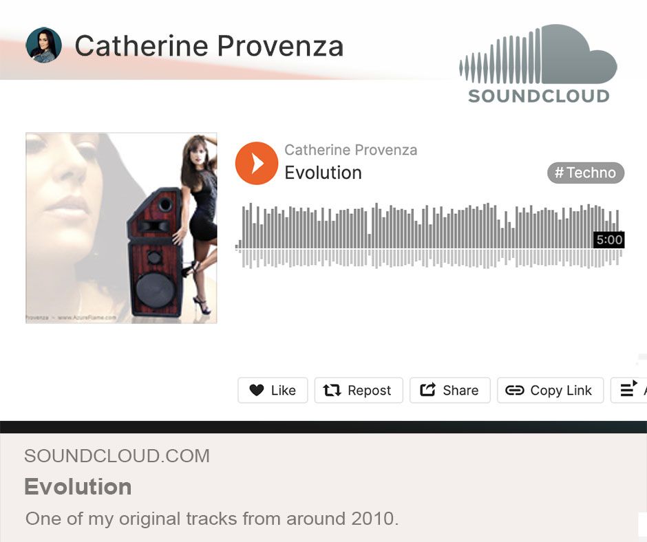 SoundCloud profile of Catherine Provenza featuring the track 'Evolution' in the techno genre, marked with a duration of 5 minutes. The waveform of the audio track is displayed. Below, options to like, repost, share, and copy the link are visible.