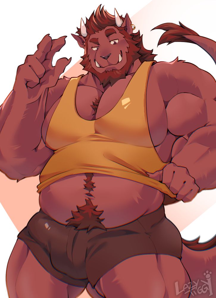Mataeus, a red behemoth in black shorts and a yellow tanktop showing some tummy