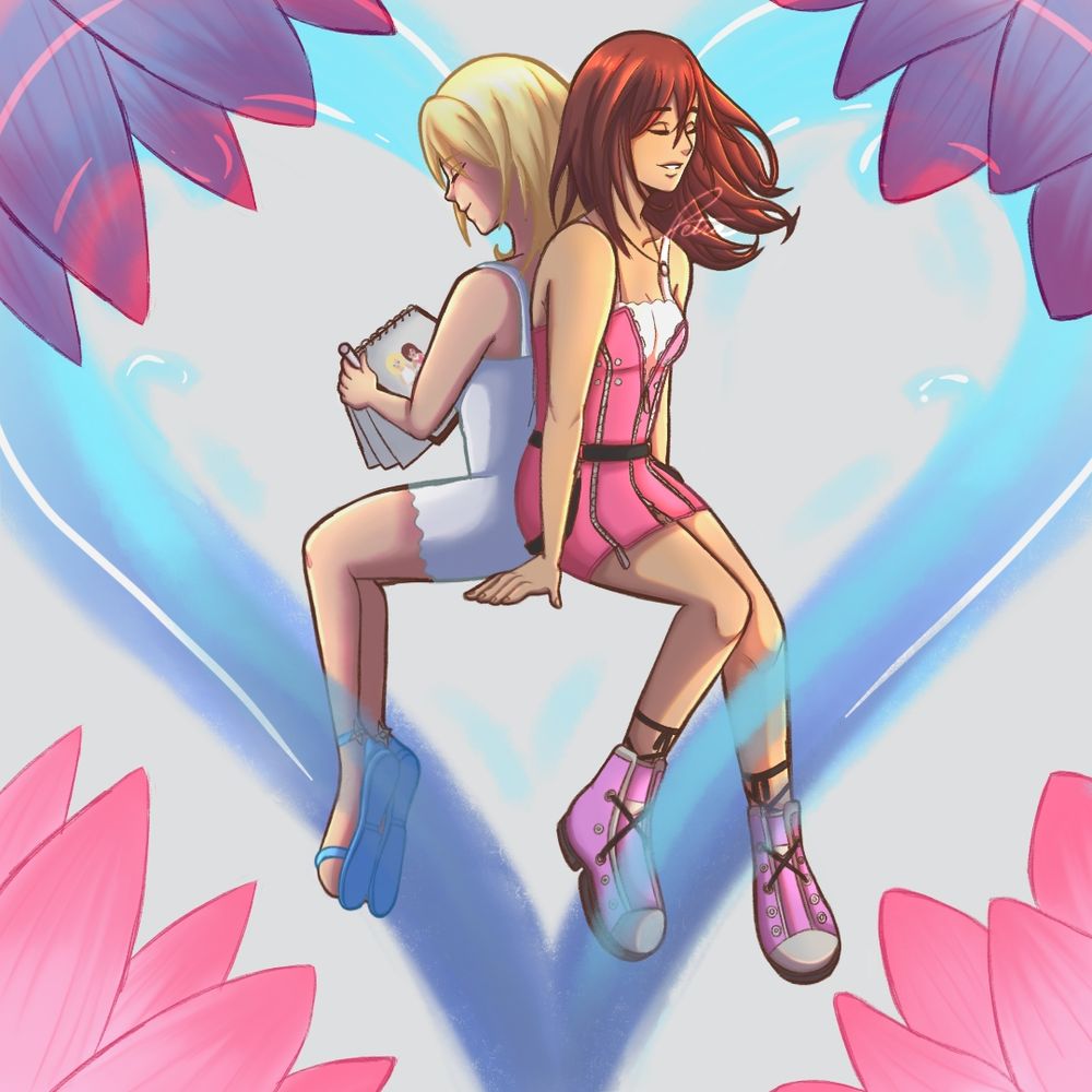 Naminé and Kairi sitting back to back with a lotus border and surrounded by a heart made of water.