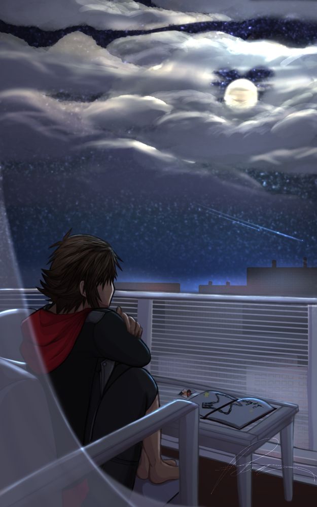 Sora in Quadratum, sitting alone on the balcony of his apartment, looking out at the distance. The moon surrounded by clouds shaping a heart. Two shooting stars falling in the distance. His crown necklace sits on an open journal, next to a photo of him, Strelitzia and Yozora. 