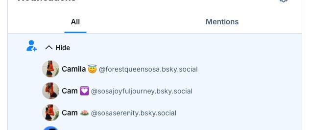 A screenshot of my notifications. It is a set of cambot followers, they all have mild variations on the same userpic. 