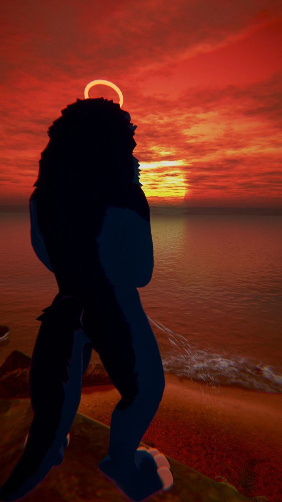 Twilight the blue wolf facing away from the viewer, standing on a rock at sunset and pissing off the edge. He is also wearing a halo.