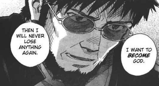 A panel from the Evangelion manga. Gendo Ikari says "I want to become God. Then I will never lose anything again." 