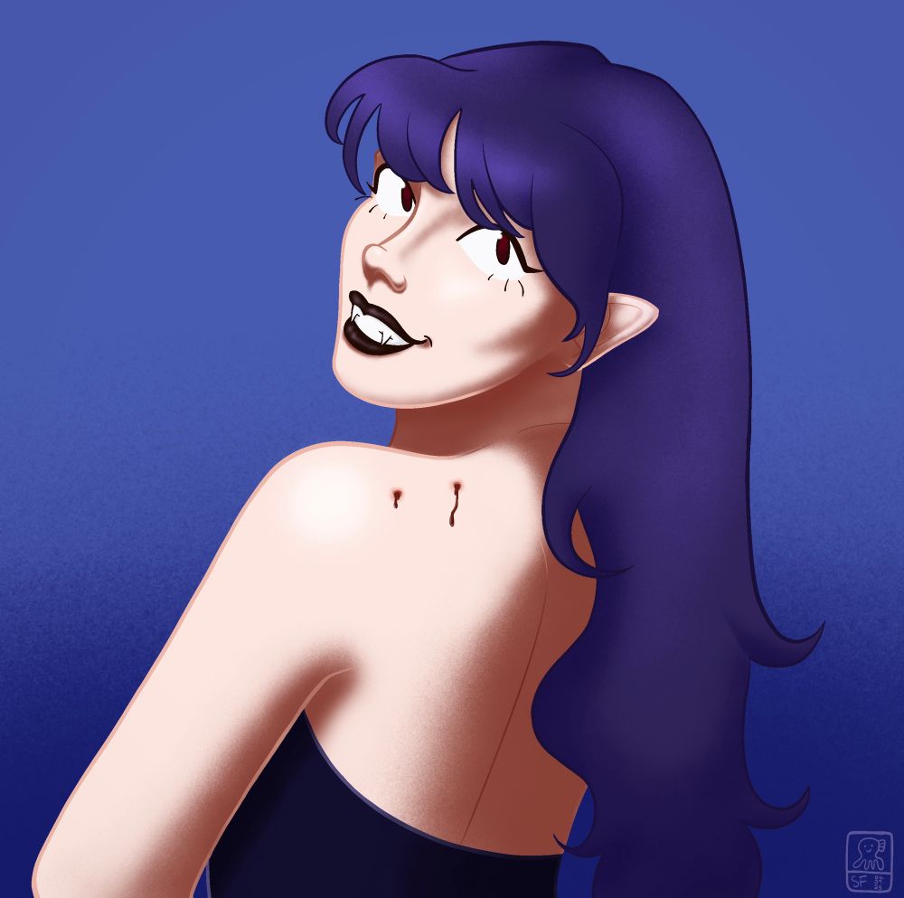 Vendette in the same pose as Sabrina Carpenter’s Short n’ Sweet album cover - everything is the same about the pose except the kiss mark is a vampire bite on Vendette’s shoulder