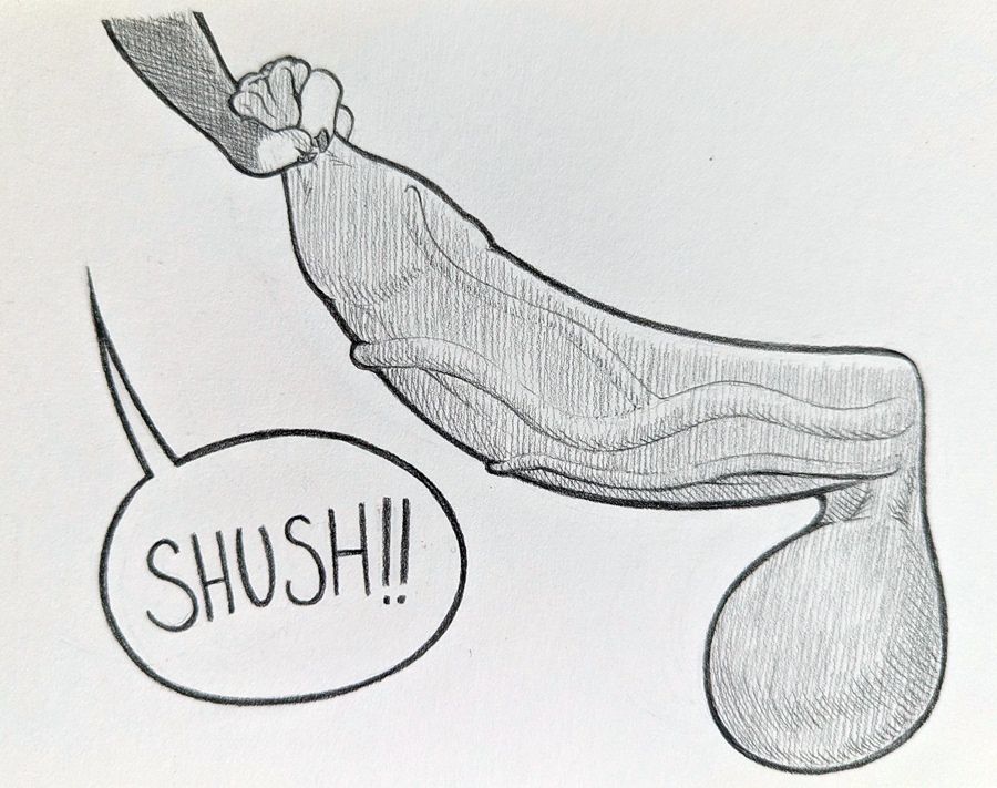 Pencil sketch. Disembodied hand tugging the foreskin over the head of a hyper cock.