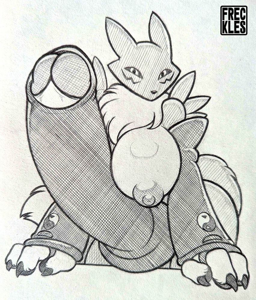 Photo of a pencil sketch. Renamon from Digimon Tamers, hyper, intersex, wearing a third arm glove around her boner.