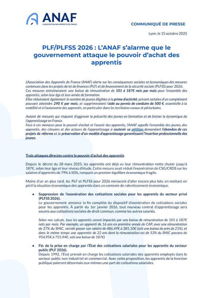 Communiqué de presse de l'ANAF association national des apprentis de France contre la fin de l'exonération de cotisations sociales salariales des apprentis. Impact de 100 à 187€ mensuel de perte de pouvoir d'achat. 