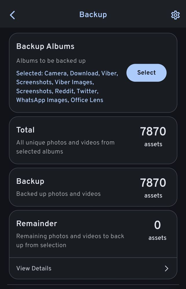 Screenshot from the Immich mobile app, showing which albums I'm syncing and how many unique assets there are