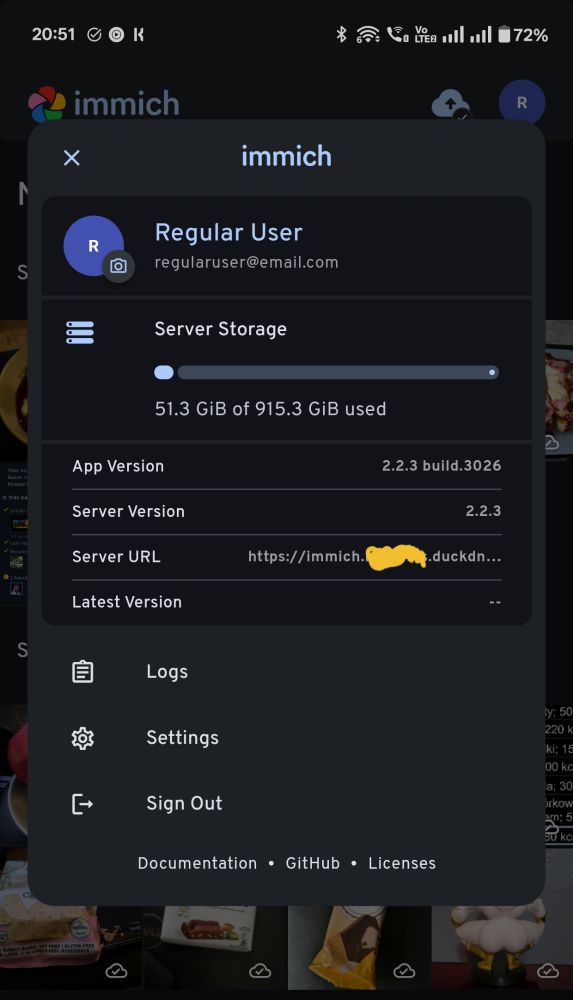 Screenshot from the Immich mobile app, showing my login, disk space, server URL, etc
