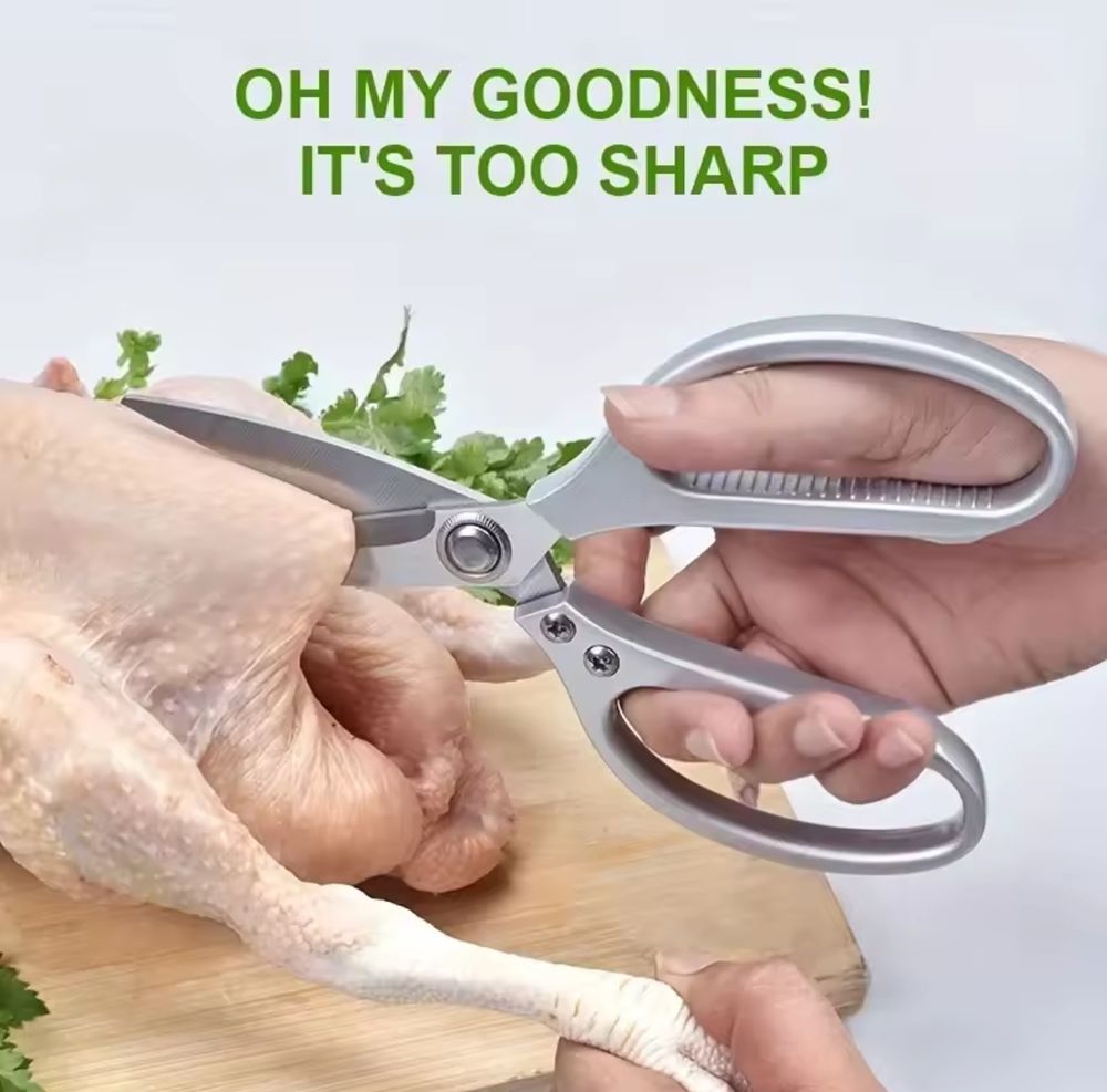 Kitchen shears used to cut a raw chicken, with a caption "oh my goodness! it's too sharp". It sounds really boring when I put this into text, but I promise that the picture is pretty cool actually.