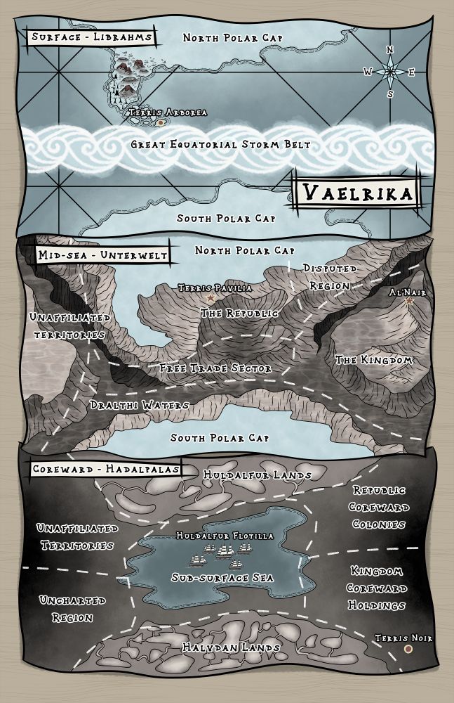 A fantasy world map divided into three levels: surface, ocean, and underground