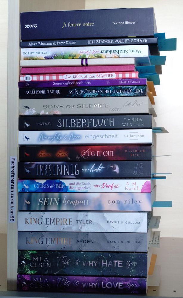 foto einiger bücher in einem regalfach; zu besseren lesbarkeit der titel auf den buchrücken wurde das foto um 90 grad nach rechts gedreht