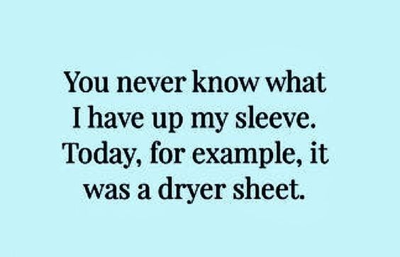 Text image with black text and light sea foam green background. "You never know what I have up my sleeve. Today, for example, it was a dryer sheet."
