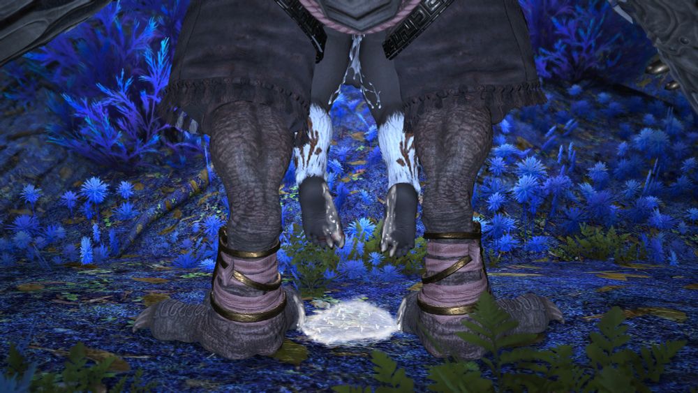 Cum dripping down Rodan's legs and feet until it pools down on the ground and drips onto Bakool's claws.