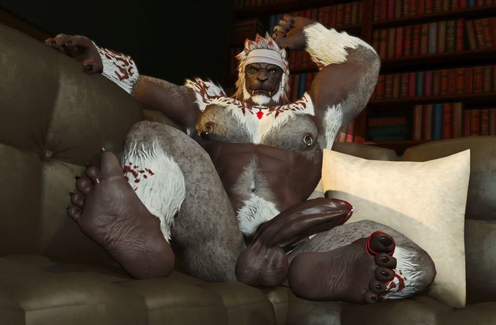 Rodan sitting naked on a couch, his hardened shaft resting on his thigh, while his sore feet are pointed towards the viewer.  He raises his arm, exposing his pit.