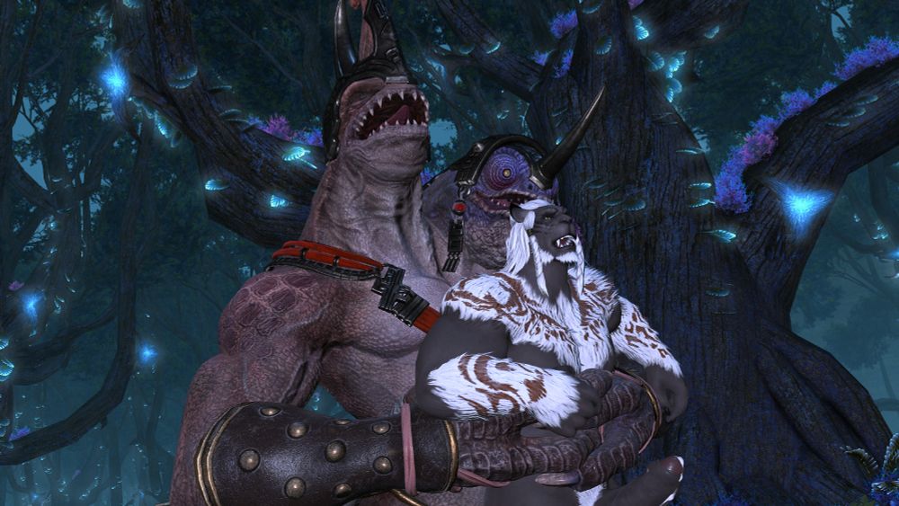 Bakool Ja Ja gripping Rodan's waist as he stretches the hrothgar on both of his cock while Rodan struggles to take it.
