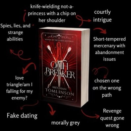 Cover of fantasy novel Oathbreaker. Red swirls on black. Two arrows crossed with a dagger down the middle. 

Tropes listed around the sides

Chosen one on the wrong path 
Morally grey
Fake dating
Love triangle
Revenge quest 
Courtly intrigue 
Spies
Supernatural abilities
Grumpy ex-mercenary with a temper
Stubborn not-a-princess
