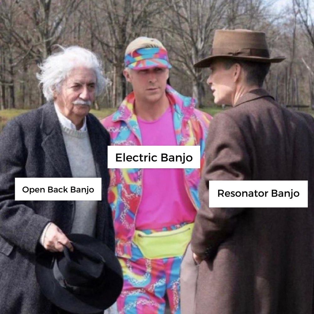 Einstein, Oppenheimer, and Ken. Einstein is labeled "open back banjo," Ken is labeled "electric banjo," and Oppenheimer is labeled "resonator banjo."