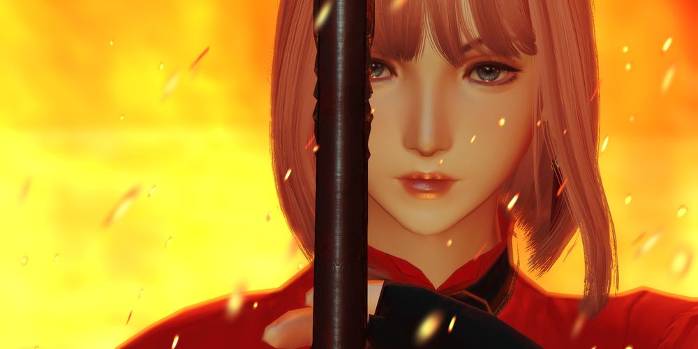 My original character, Adina, looks ahead with a look of unwavering determination. Her rapier is held in front of her, partially obscuring parts of her face, and her free hand gently steadies the blade. She is backlit by flames, with embers flying around her. 