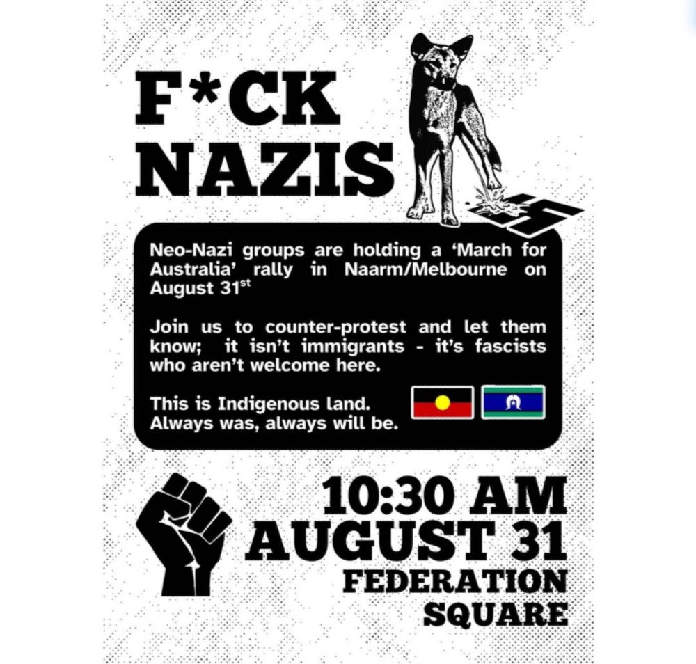 Flyer for mass anti-fascist and anti-racist mobilization against neo-Nazis in Australia. 