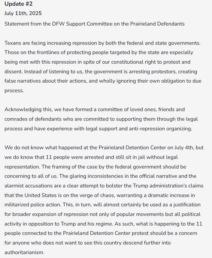 Text from statement posted to "Support DFW Anti ICE Protesters," read at: https://www.givesendgo.com/supportdfwprotestors