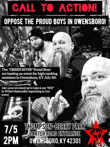 Flyer reading, "Call to Action, Oppose the Proud Boys in Owensboro!"