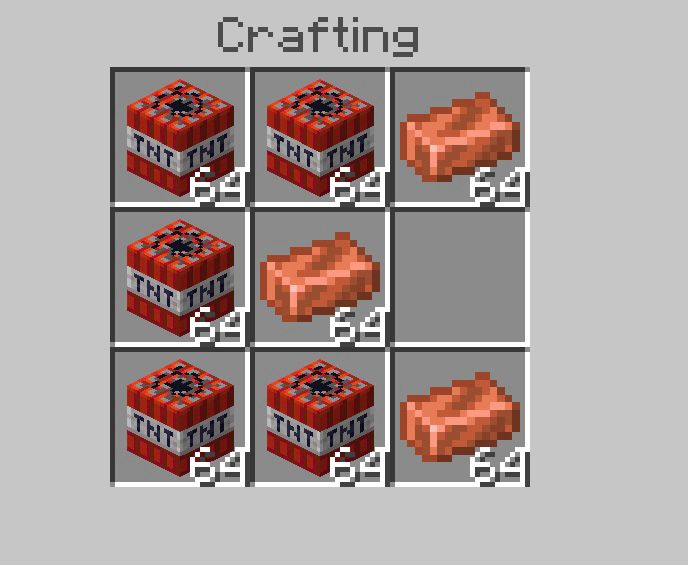 A Minecraft 3x3 crafting grid showing a dished stack of 3 copper blocks backed by 5 blocks of TNT, imitating the high explosive charge and cone shaped copper liner of a shaped charge anti-armour warhead. 