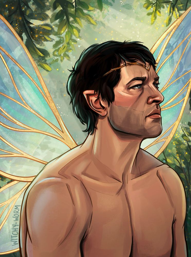 Digital art. Portrait of Castiel in a forest with delicate gold and blue fairy wings. He has a thin gold crown on his forehead.