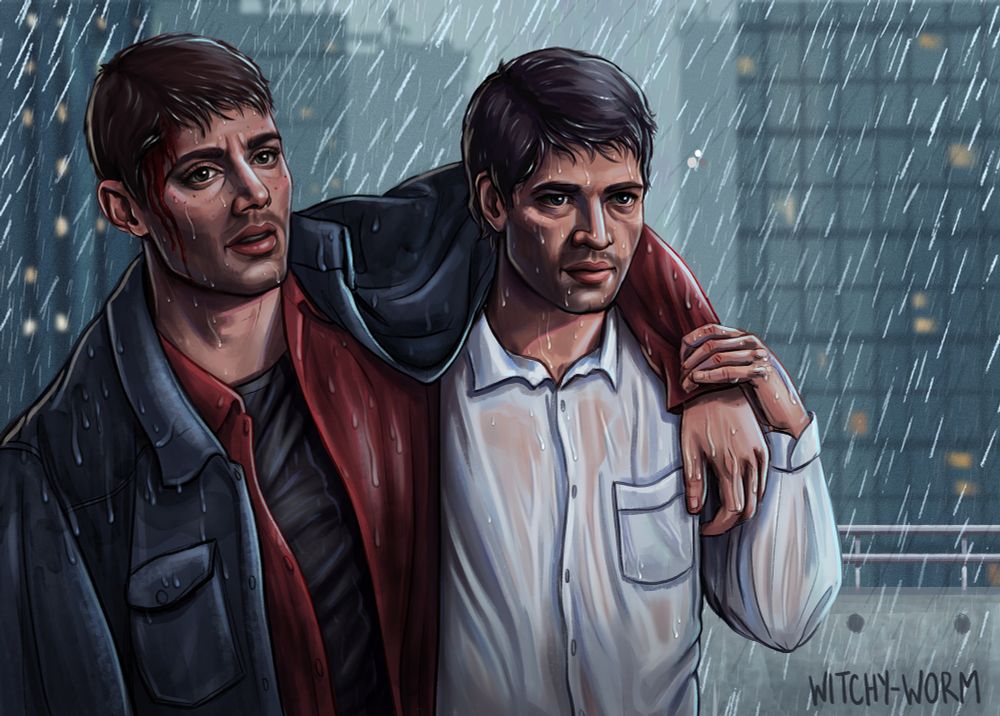 Art of Dean and Castiel on a concrete balcony in the rain. Castiel has Dean's arm over his shoulder as he helps him walk, Dean has a bloody head.