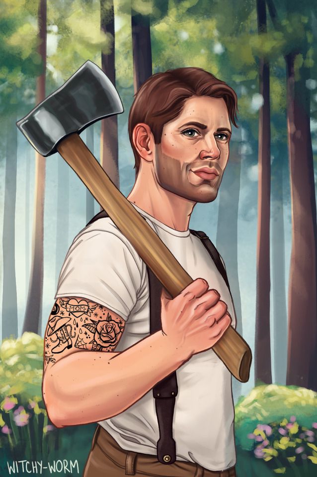 Digital art of Dean Winchester standing in front of a wooded area with flowers. He is dressed in a white t shirt, suspenders, work pants, and has an axe leaning against his shoulder. He has longer hair and a lot of scruff. His bicep is covered in patchwork tattoos