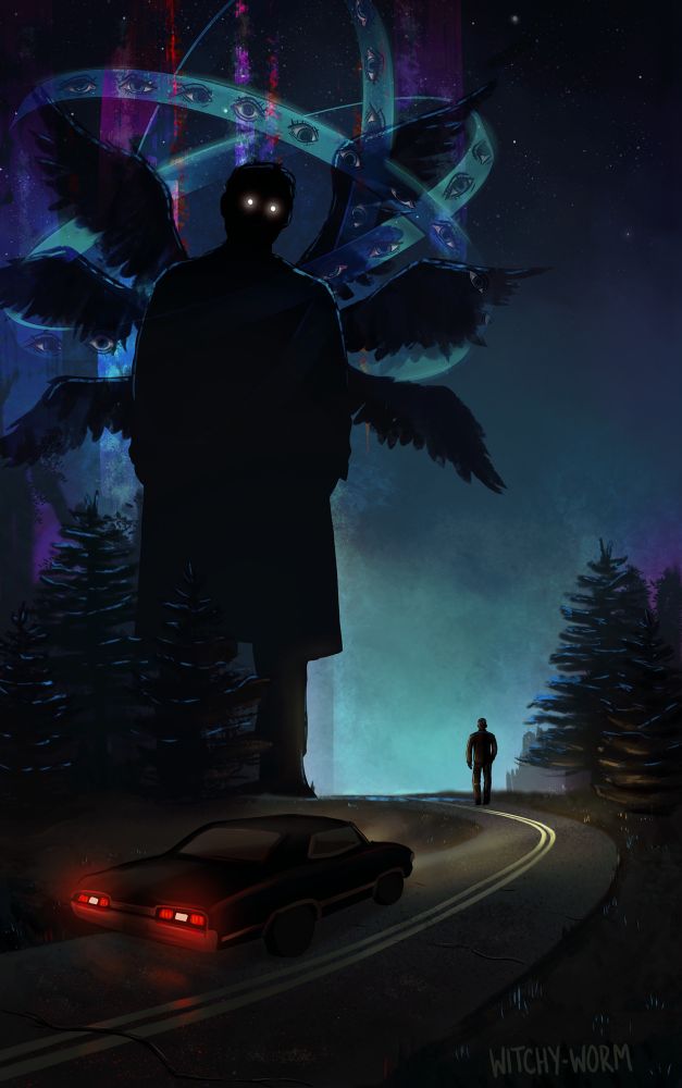 Digital art. Image of a road winding through threes at night. The impala is parked in the road, lighting up Dean's silhouette. Above Dean is a giant Castiel with wings, glowing eyes, with rings full of eyes surrounding his head.