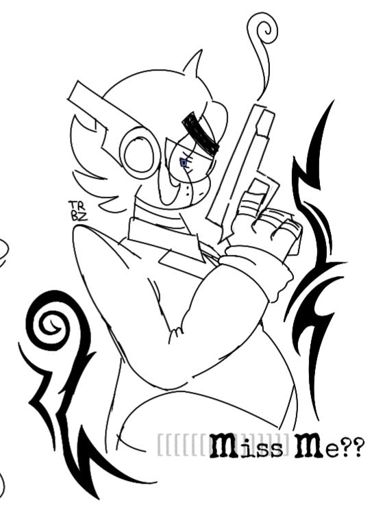 Bradley Business wields a gun with a serious look. There is stylized text in the bottom-right that says "miss me??"